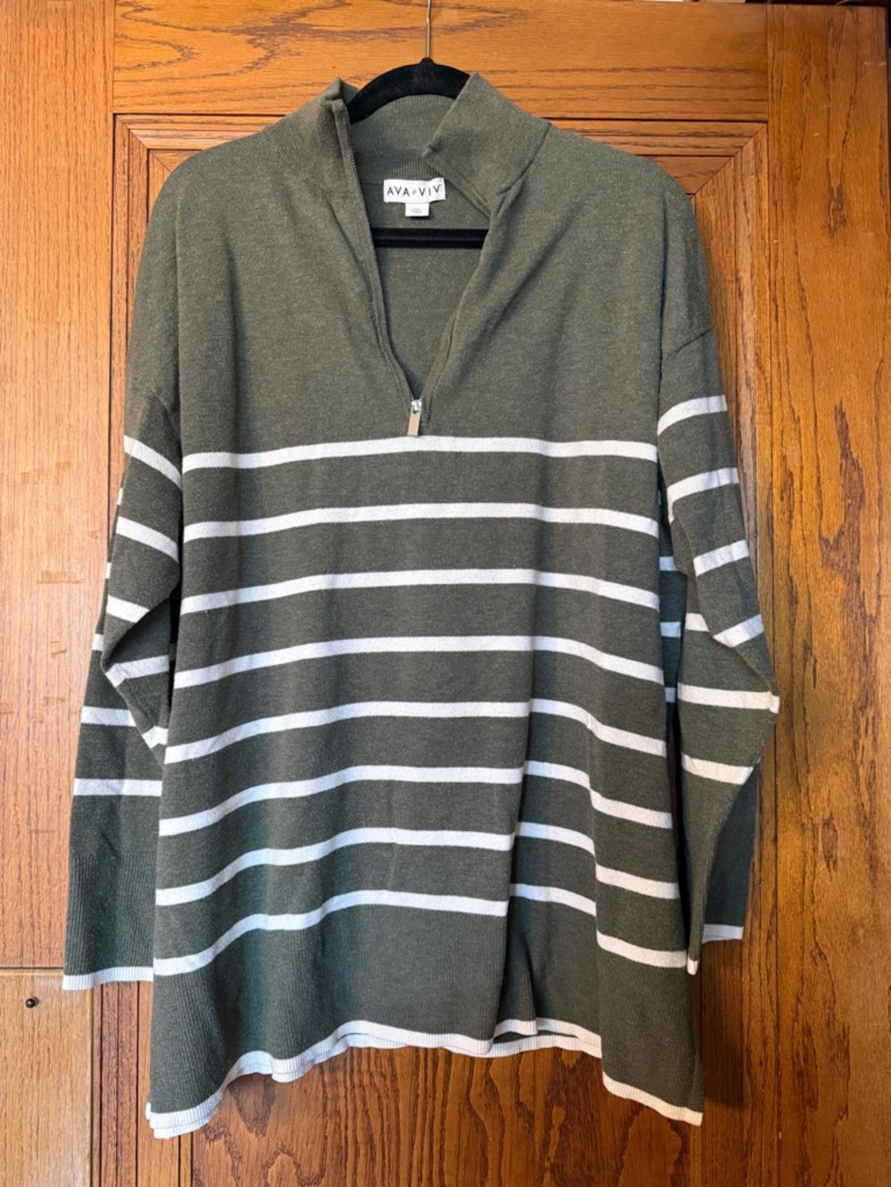Ava & Viv Olive Green and White Striped V-Neck Sweater